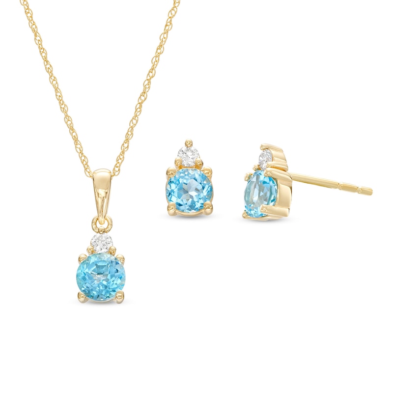 Swiss Blue Topaz and 1/15 CT. T.W. Diamond Stacked Drop Pendant and Stud Earrings Set in 10K Gold