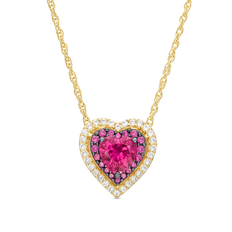 Main Image 1 of 6.0mm Lab-Created Ruby and White Lab-Created Sapphire Double Frame Heart Pendant in Sterling Silver with 14K Gold Plate