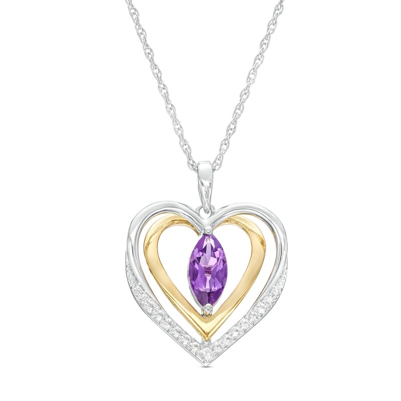Main Image 1 of Marquise Amethyst and White Lab-Created Sapphire Open Frame Double Heart Pendant in Sterling Silver and 14K Gold Plate