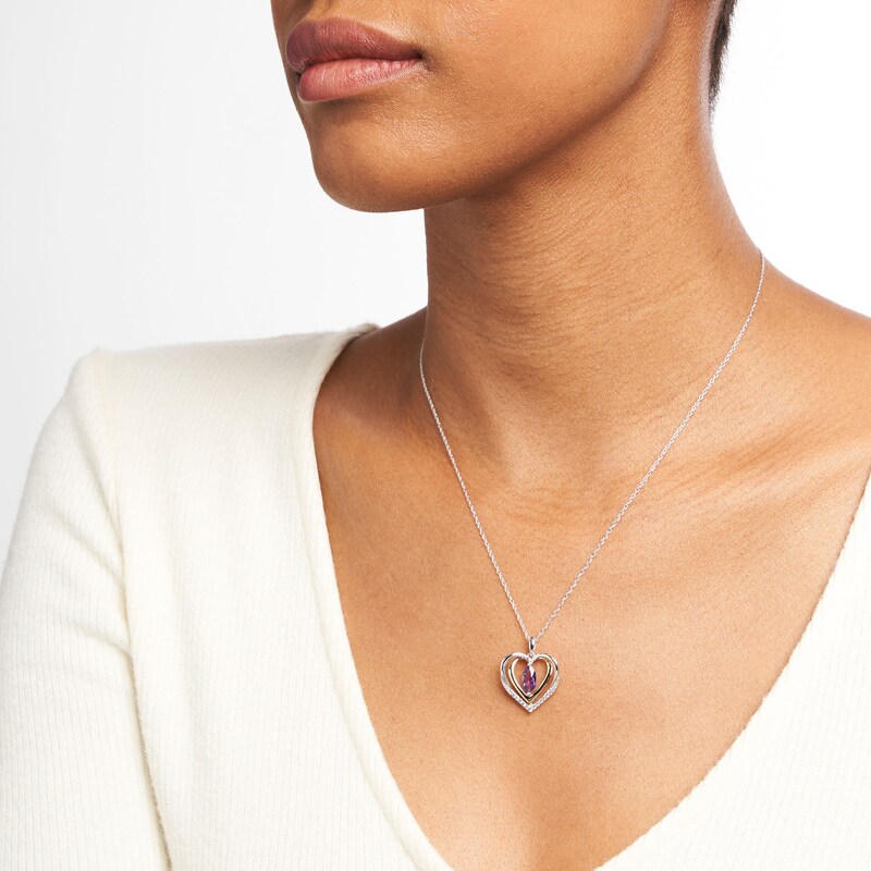 Main Image 2 of Marquise Amethyst and White Lab-Created Sapphire Open Frame Double Heart Pendant in Sterling Silver and 14K Gold Plate