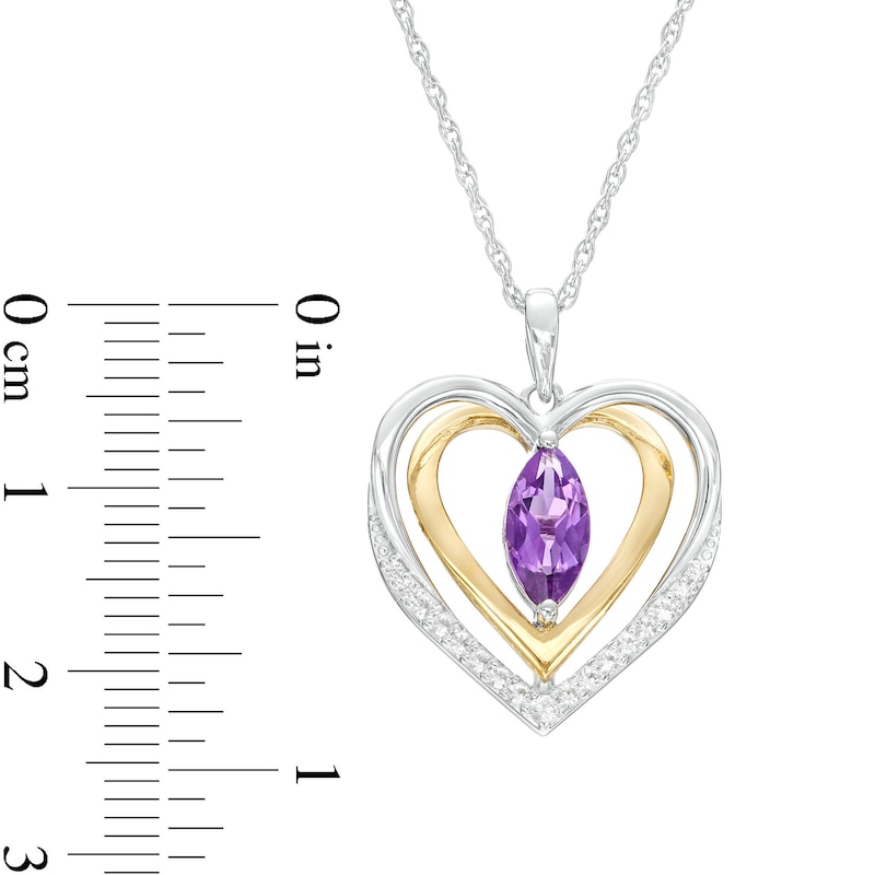Main Image 3 of Marquise Amethyst and White Lab-Created Sapphire Open Frame Double Heart Pendant in Sterling Silver and 14K Gold Plate