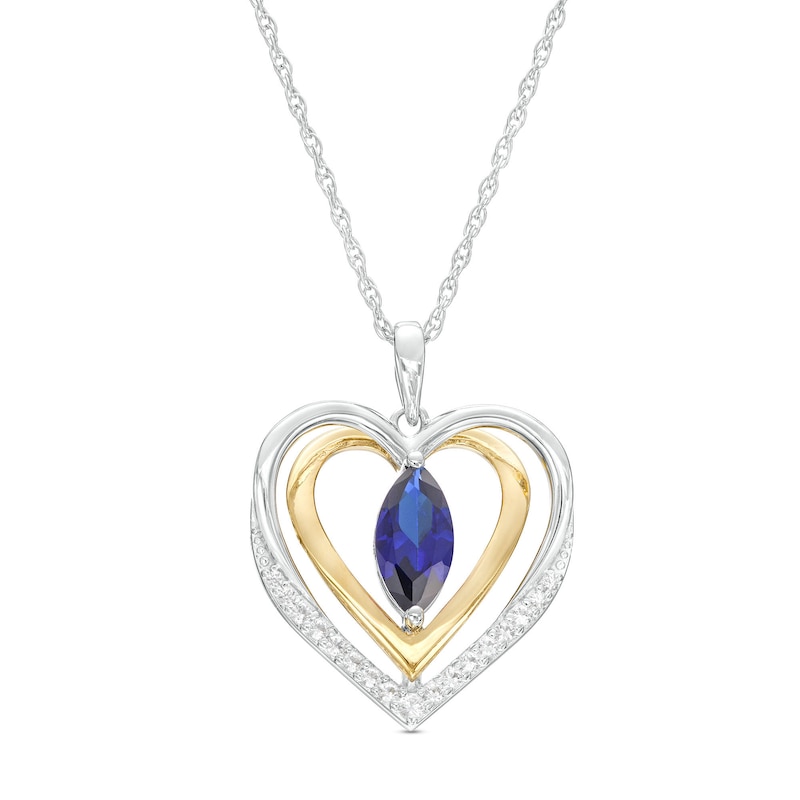 Main Image 1 of Marquise Ceylon Blue and White Lab-Created Sapphire Frame Double Heart Pendant in Sterling Silver and 14K Gold Plate