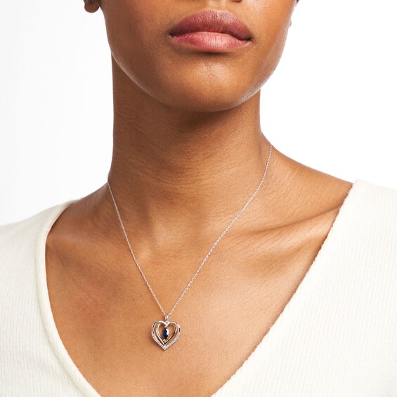 Marquise Ceylon Blue and White Lab-Created Sapphire Frame Double Heart Pendant in Sterling Silver and 14K Gold Plate