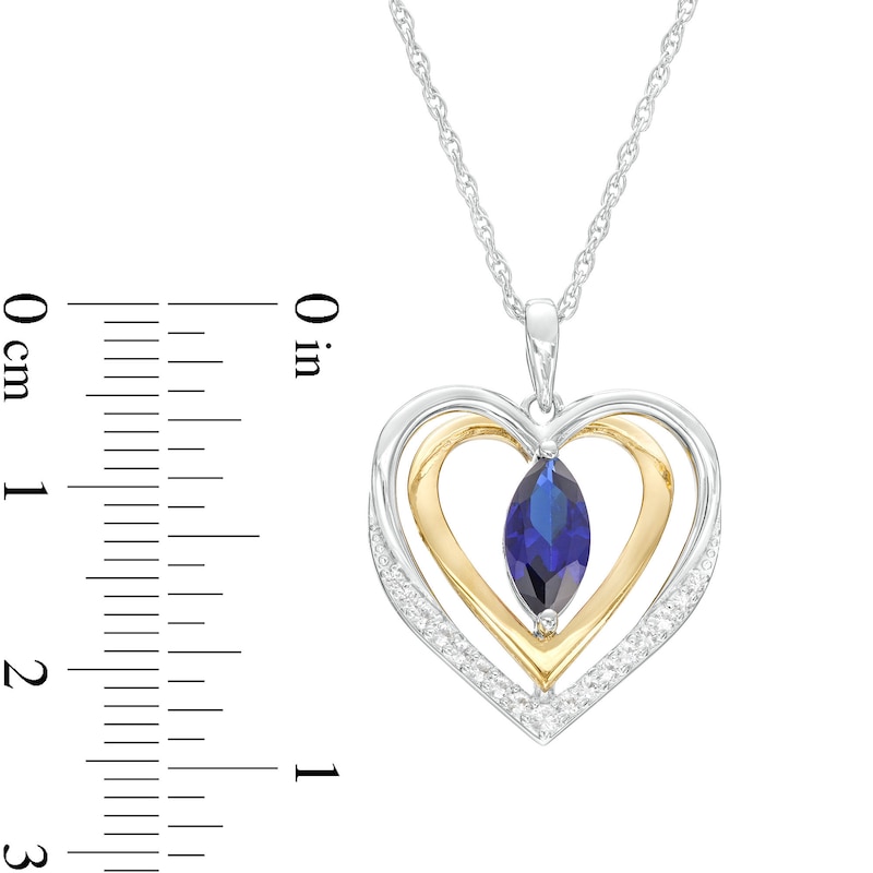 Main Image 3 of Marquise Ceylon Blue and White Lab-Created Sapphire Frame Double Heart Pendant in Sterling Silver and 14K Gold Plate