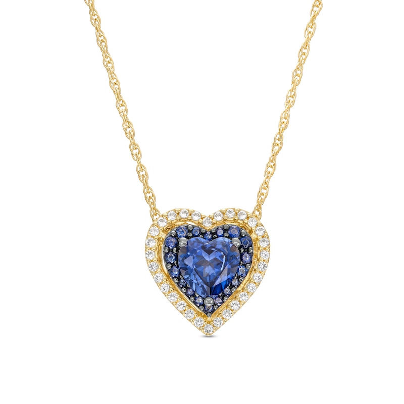 6.0mm Ceylon Blue and White Lab-Created Sapphire Double Frame Heart Pendant in Sterling Silver with 14K Gold Plate