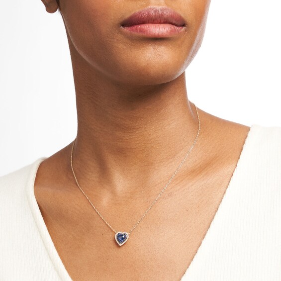 6.0mm Ceylon Blue and White Lab-Created Sapphire Double Frame Heart Pendant in Sterling Silver with 14K Gold Plate