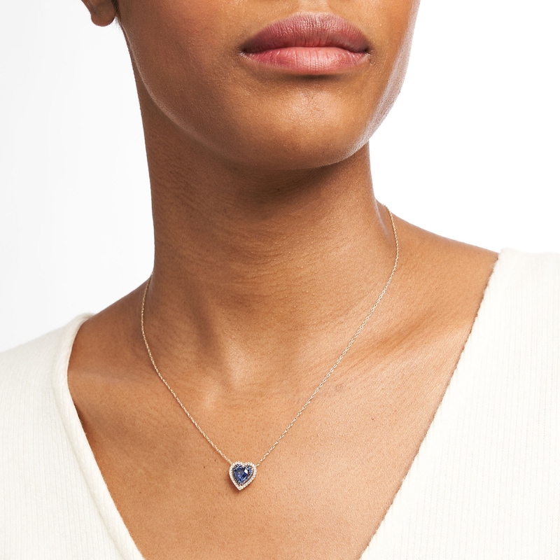 6.0mm Ceylon Blue and White Lab-Created Sapphire Double Frame Heart Pendant in Sterling Silver with 14K Gold Plate