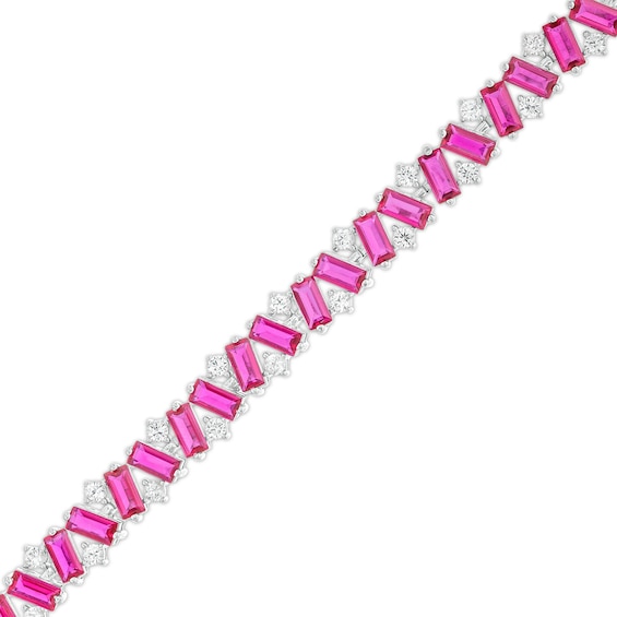 Emerald-Cut Lab-Created Ruby and White Lab-Created Sapphire Alternating Zig-Zag Line Bracelet in Sterling Silver - 7.25"