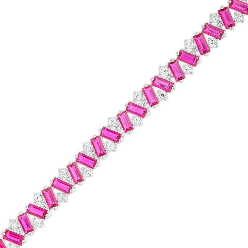 Main Image 1 of Emerald-Cut Lab-Created Ruby and White Lab-Created Sapphire Alternating Zig-Zag Line Bracelet in Sterling Silver - 7.25"