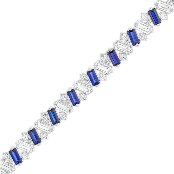 Emerald-Cut Blue and White Lab-Created Sapphire Alternating Zig-Zag Line Bracelet in Sterling Silver - 7.25"