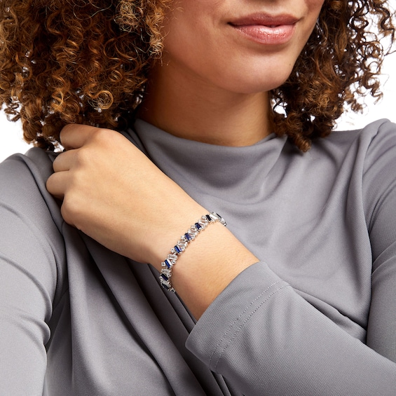 Emerald-Cut Blue and White Lab-Created Sapphire Alternating Zig-Zag Line Bracelet in Sterling Silver - 7.25"