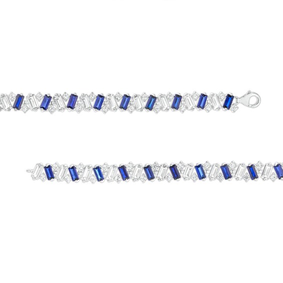 Emerald-Cut Blue and White Lab-Created Sapphire Alternating Zig-Zag Line Bracelet in Sterling Silver - 7.25"