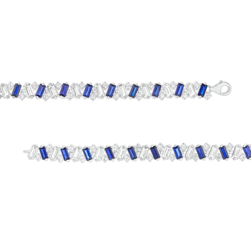 Main Image 3 of Emerald-Cut Blue and White Lab-Created Sapphire Alternating Zig-Zag Line Bracelet in Sterling Silver - 7.25"