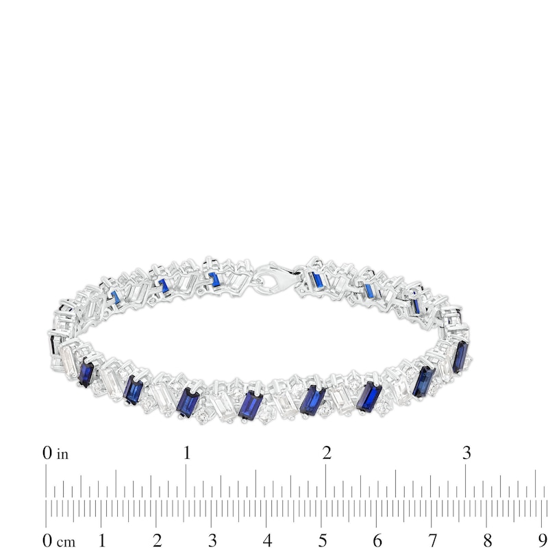 Main Image 4 of Emerald-Cut Blue and White Lab-Created Sapphire Alternating Zig-Zag Line Bracelet in Sterling Silver - 7.25"