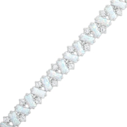 Emerald-Cut Lab-Created Opal and White Lab-Created Sapphire Alternating Zig-Zag Line Bracelet in Sterling Silver - 7.25"