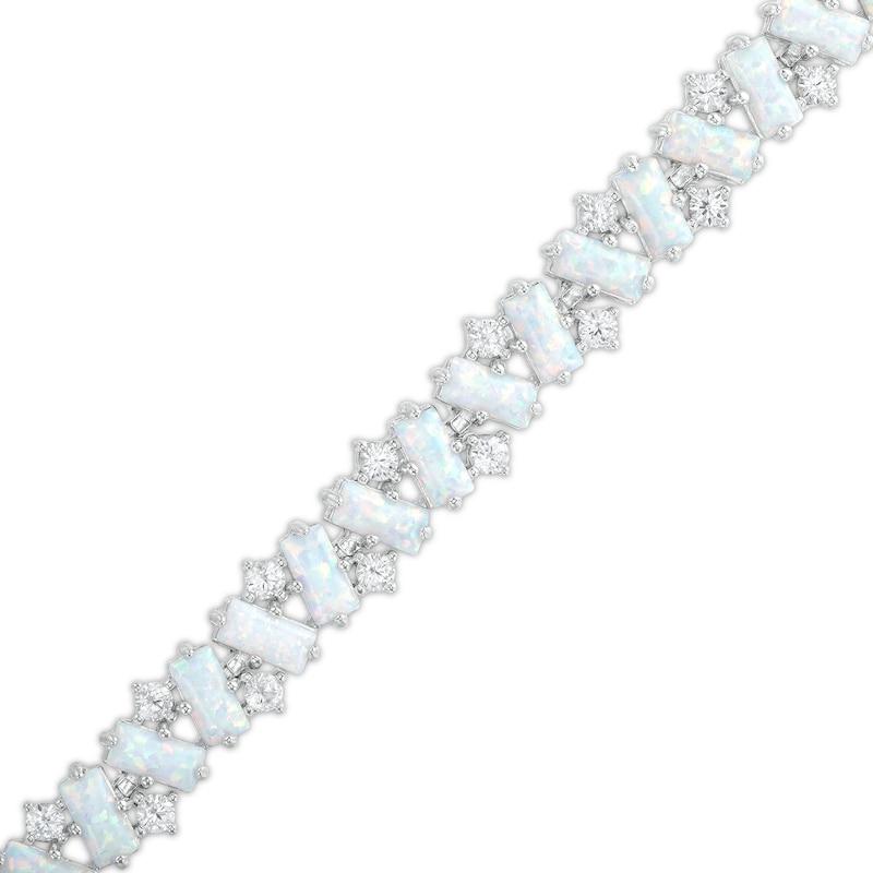 Main Image 1 of Emerald-Cut Lab-Created Opal and White Lab-Created Sapphire Alternating Zig-Zag Line Bracelet in Sterling Silver - 7.25"