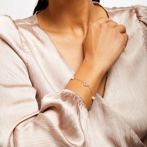 The Kindred Heart from Vera Wang Love Collection Freshwater Cultured Pearl and Diamond Heart Bracelet in Sterling Silver
