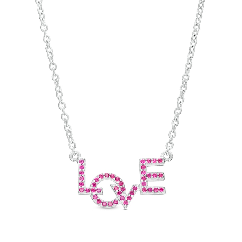 Main Image 1 of Lab-Created Ruby Staggered "LOVE" Necklace in Sterling Silver