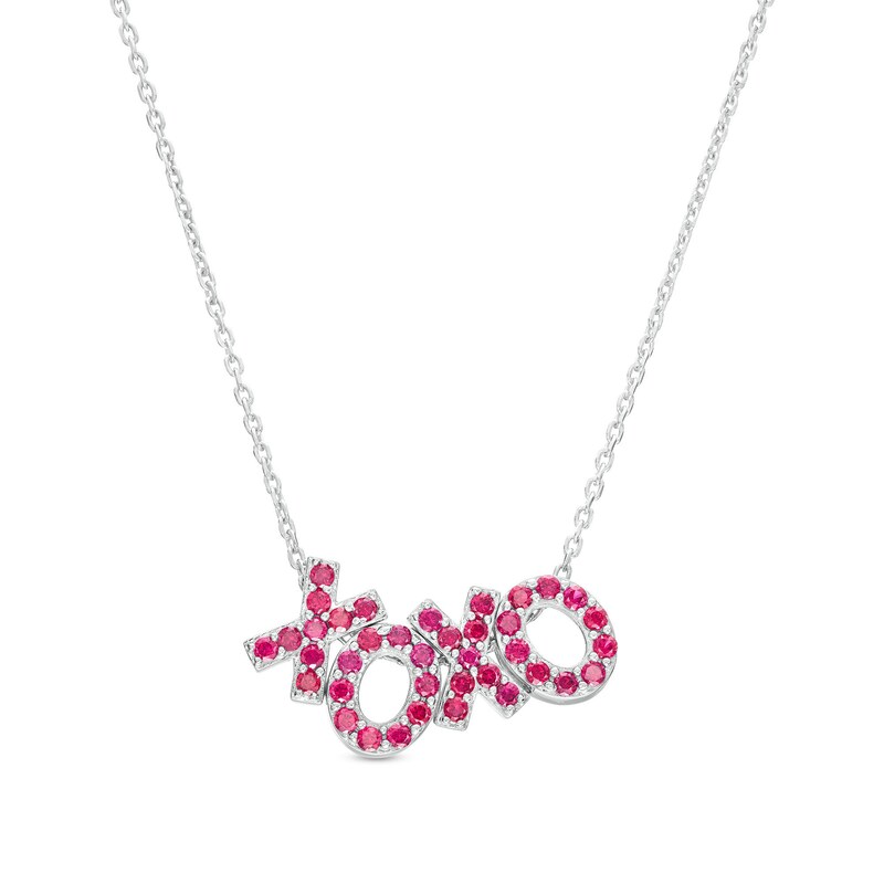 Main Image 1 of Lab-Created Ruby "XOXO" Necklace in Sterling Silver