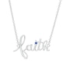 Thumbnail Image 1 of Blue Lab-Created Sapphire Solitaire Cursive "faith" Necklace in Sterling Silver