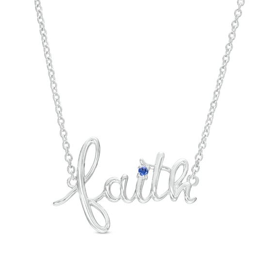 Blue Lab-Created Sapphire Solitaire Cursive "faith" Necklace in Sterling Silver