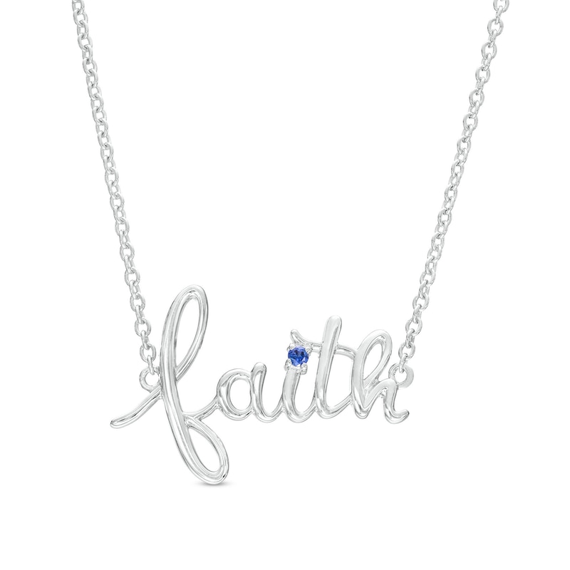 Main Image 1 of Blue Lab-Created Sapphire Solitaire Cursive "faith" Necklace in Sterling Silver