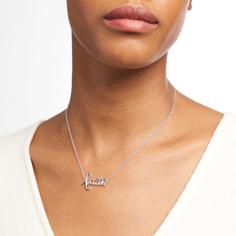 Main Image 2 of Blue Lab-Created Sapphire Solitaire Cursive "faith" Necklace in Sterling Silver