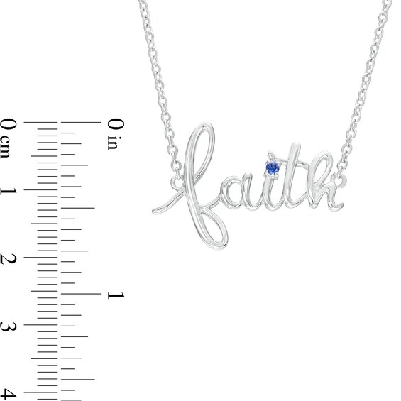 Blue Lab-Created Sapphire Solitaire Cursive "faith" Necklace in Sterling Silver