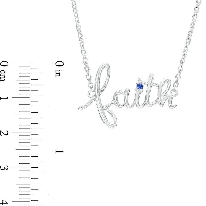 Main Image 3 of Blue Lab-Created Sapphire Solitaire Cursive "faith" Necklace in Sterling Silver