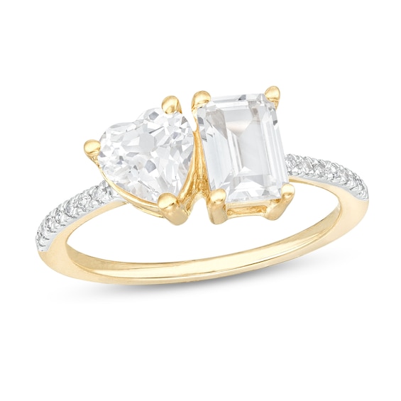 Heart-Shaped and Emerald-Cut White Lab-Created Sapphire and 1/15 CT. T.w. Diamond Ring in 10K Gold