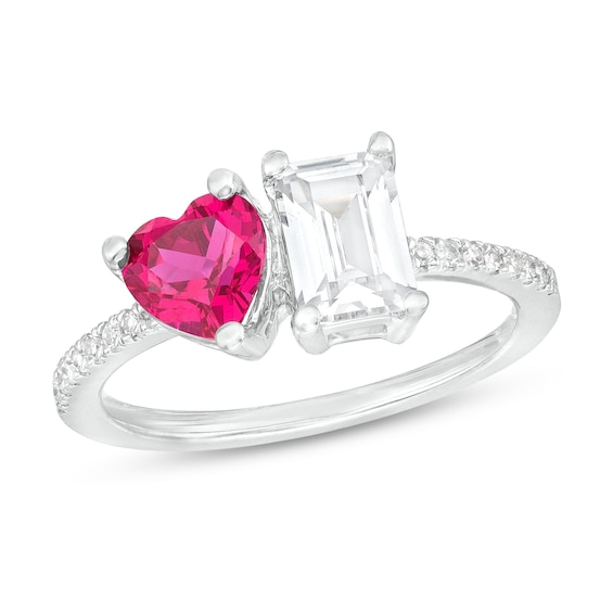 Heart-Shaped Lab-Created Ruby, Emerald-Cut White Lab-Created Sapphire and 1/15 CT. T.w. Diamond Ring in 10K White Gold