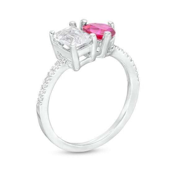 Heart-Shaped Lab-Created Ruby, Emerald-Cut White Lab-Created Sapphire and 1/15 CT. T.w. Diamond Ring in 10K White Gold