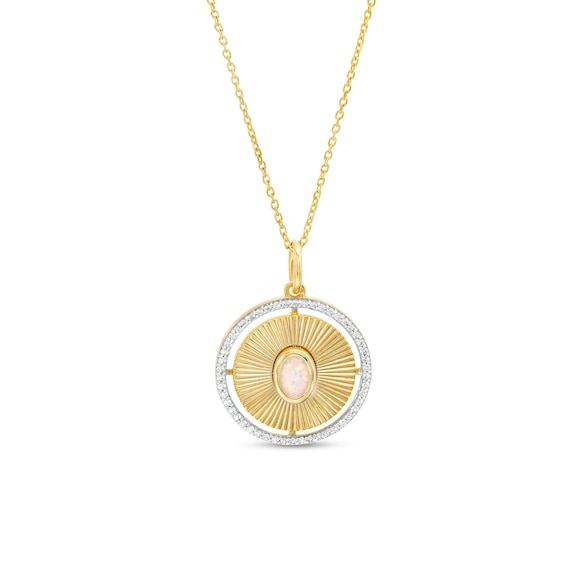 Oval Lab-Created Opal and White Lab-Created Sapphire Frame Medallion Pendant in Sterling Silver with 10K Gold Plate