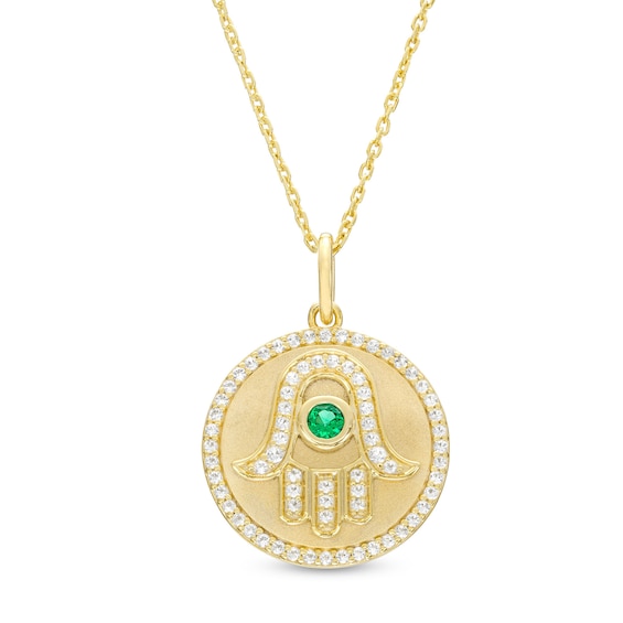 Lab-Created Emerald and White Lab-Created Sapphire Frame Hamsa Medallion Pendant in Sterling Silver with 10K Gold Plate