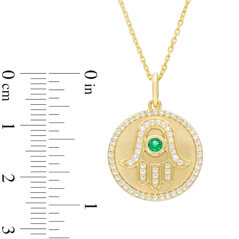 Lab-Created Emerald and White Lab-Created Sapphire Frame Hamsa Medallion Pendant in Sterling Silver with 10K Gold Plate