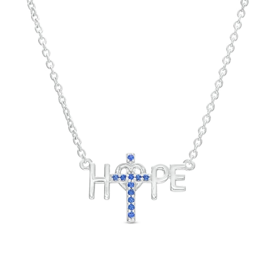 Blue Lab-Created Sapphire Heart-Wrapped Cross "Hope" Necklace in Sterling Silver