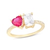 Thumbnail Image 0 of Heart-Shaped Lab-Created Ruby, Emerald-Cut White Lab-Created Sapphire and 1/15 CT. T.W. Diamond Ring in 10K Gold