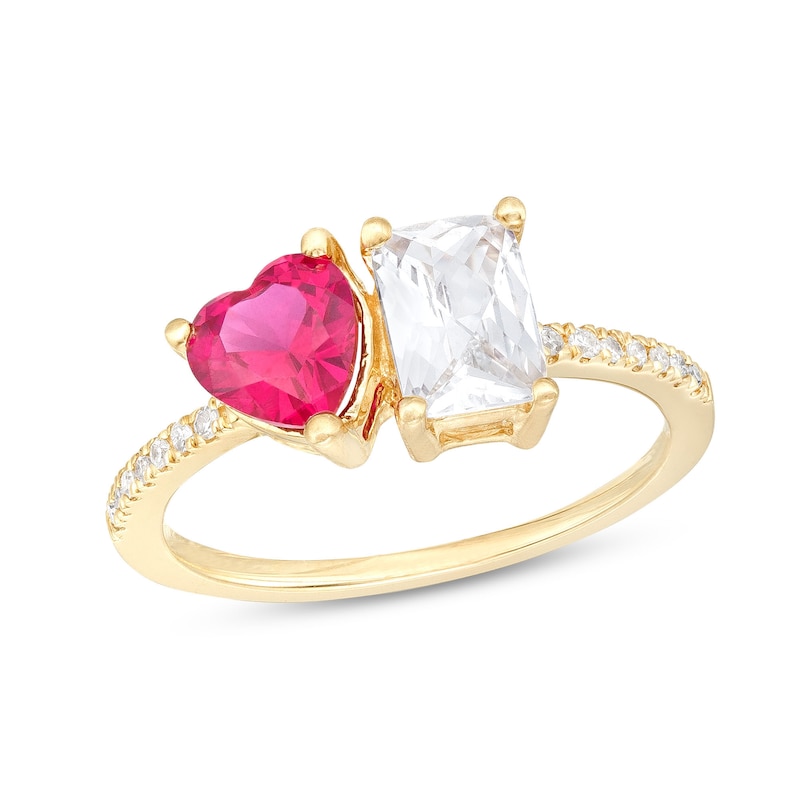 Heart-Shaped Lab-Created Ruby, Emerald-Cut White Lab-Created Sapphire and 1/15 CT. T.W. Diamond Ring in 10K Gold