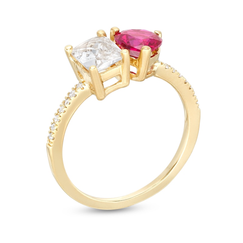 Heart-Shaped Lab-Created Ruby, Emerald-Cut White Lab-Created Sapphire and 1/15 CT. T.W. Diamond Ring in 10K Gold