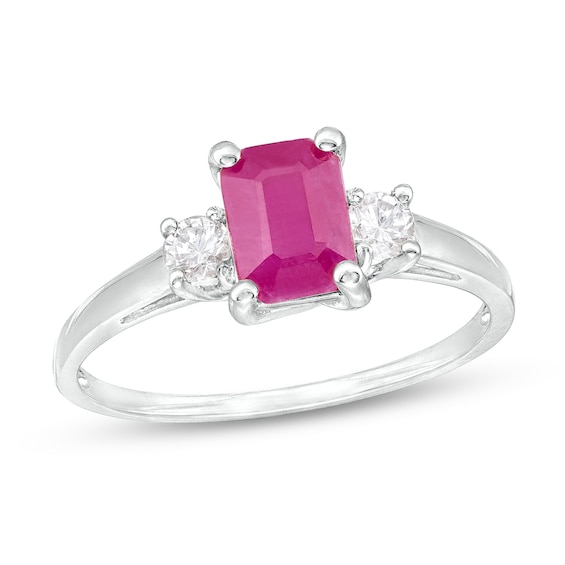 Emerald-Cut Ruby and 1/5 CT. T.w. Diamond Three Stone Ring in 14K White Gold