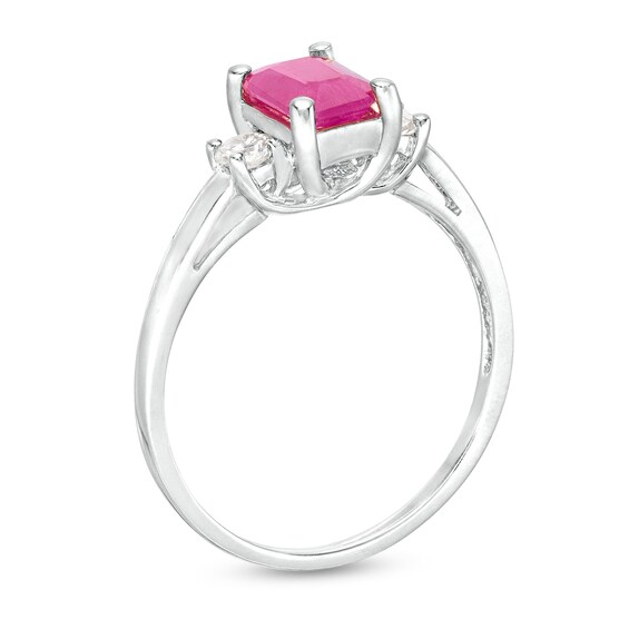 Emerald-Cut Ruby and 1/5 CT. T.w. Diamond Three Stone Ring in 14K White Gold
