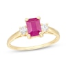 Thumbnail Image 0 of Emerald-Cut Ruby and 1/5 CT. T.W. Diamond Three Stone Ring in 14K Gold