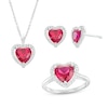 Thumbnail Image 0 of Lab-Created Ruby and White Lab-Created Sapphire Frame Heart Pendant, Ring and Earrings Set in Sterling Silver