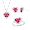 Thumbnail Image 0 of Lab-Created Ruby and White Lab-Created Sapphire Frame Heart Pendant, Ring and Earrings Set in Sterling Silver
