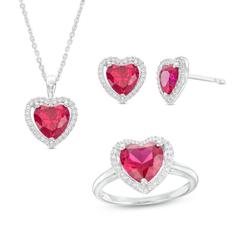 Lab-Created Ruby and White Lab-Created Sapphire Frame Heart Pendant, Ring and Earrings Set in Sterling Silver