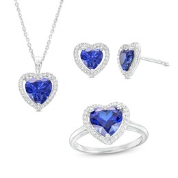 Blue Lab-Created Sapphire and White Lab-Created Sapphire Frame Heart Pendant, Ring and Earrings Set in Sterling Silver