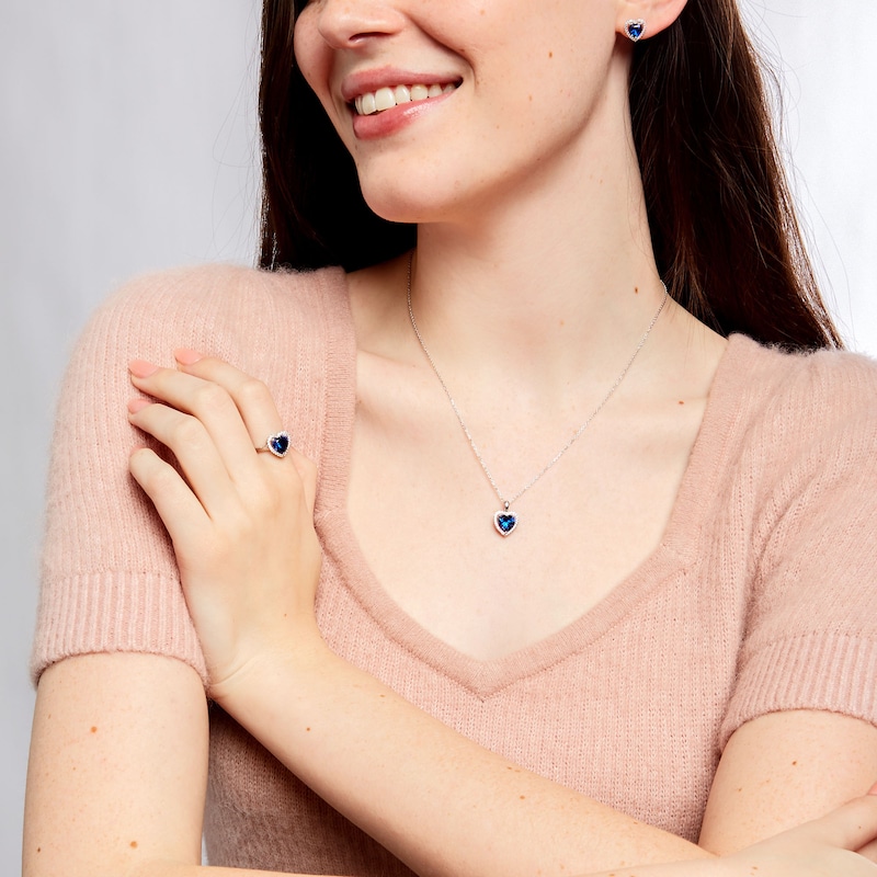 Main Image 2 of Blue Lab-Created Sapphire and White Lab-Created Sapphire Frame Heart Pendant, Ring and Earrings Set in Sterling Silver