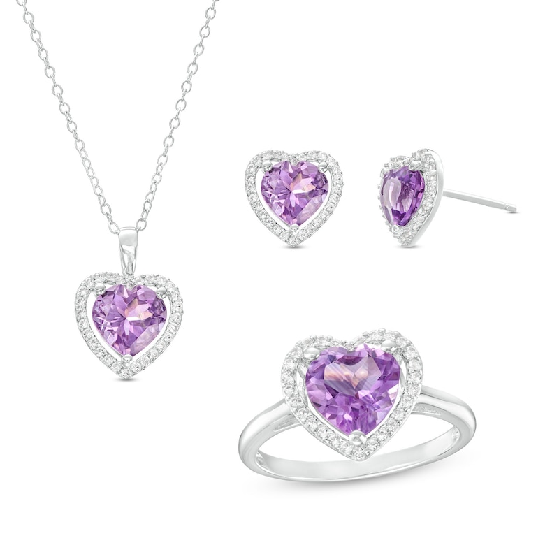 Heart-Shaped Amethyst and White Lab-Created Sapphire Frame Pendant, Earrings and Ring Set in Sterling Silver - Size 7
