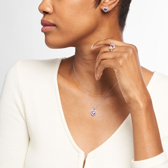 Heart-Shaped Amethyst and White Lab-Created Sapphire Frame Pendant, Earrings and Ring Set in Sterling Silver - Size 7