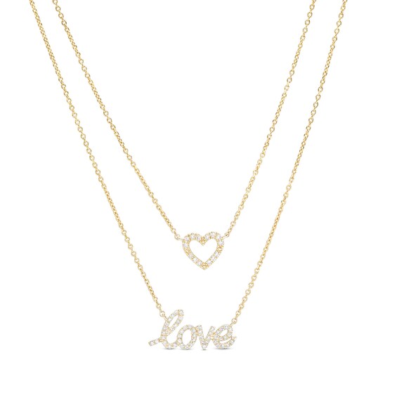 Love Talks 1/6 CT. T.w. Diamond "love" Cursive Script and Heart Double Strand Necklace in 10K Gold